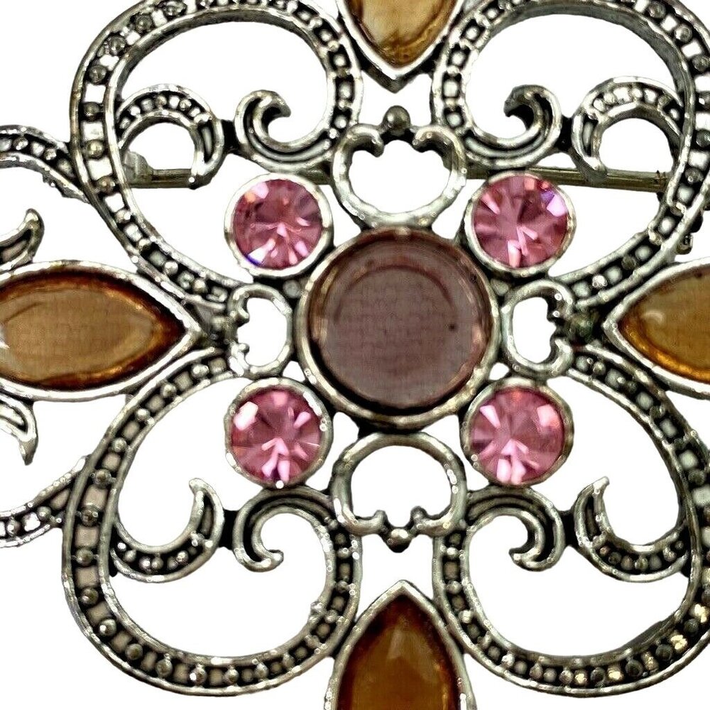 Brooch Pin Fashion Jewelry Rhinestones Amber Pink Silver Tone - Picture 3 of 9